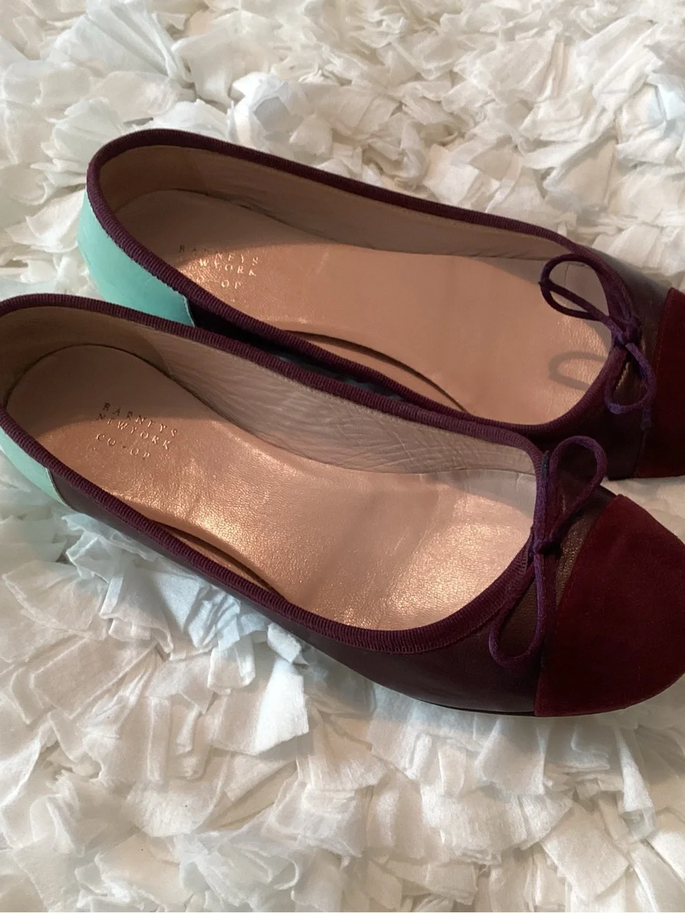 Barneys New York CO-OP Burgundy Ballet Flats with Mint Heel Accent